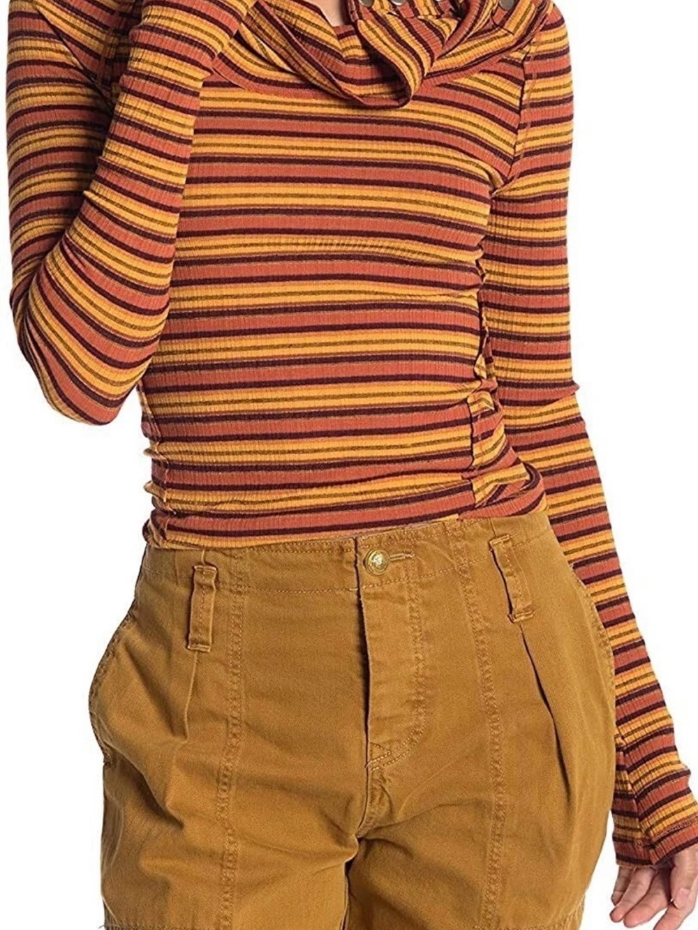 Free People Striped Ribbed Top in Mustard, Rust & Brown